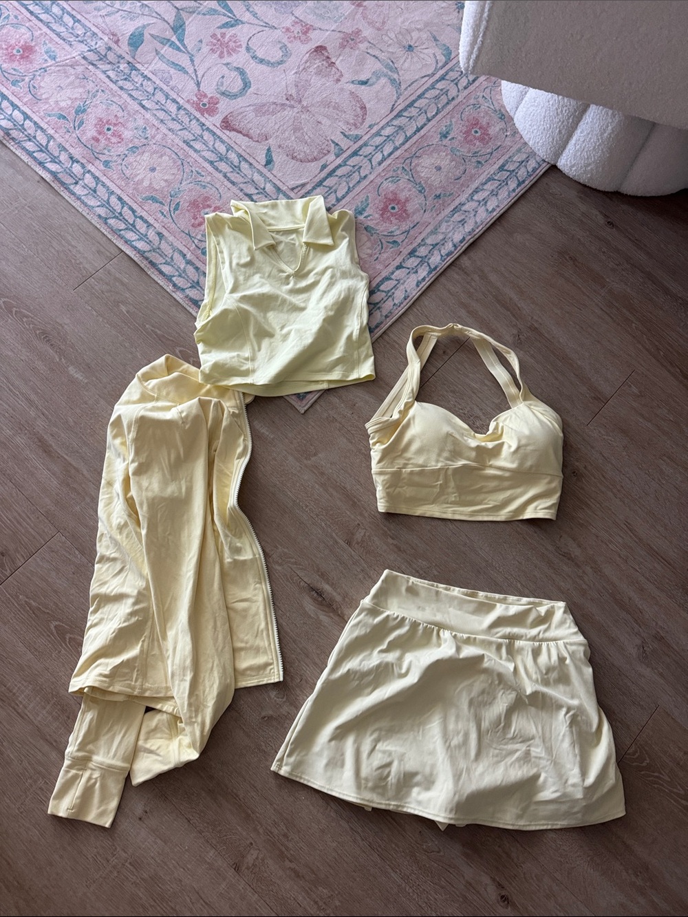 Pale Yellow Activewear Set - Cropped Top, Skirt, Jacket, Sports Bra